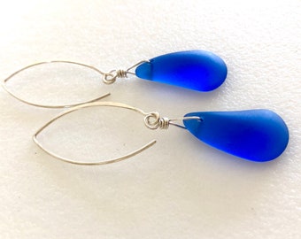 Royal Blue Sea Glass Earrings, Cultured Deep Blue Teardrops, Beach Earrings, Beach Glass, Seaside Jewelry, Sterling Silver