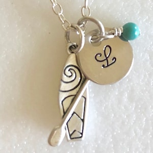 SUP Sterling Silver Necklace, Stand Up Paddle Board Charm Necklace, Custom Initial, Paddle Boarding, Beach, Summer, .925 Sterling Silver