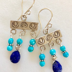 Lapis and Turquoise Chandelier Earrings, Karen Hill Tribe Fine Silver Chandeliers, Deep Blue Lapis Lazuli, Arizona Turquoise,Sterling Silver
