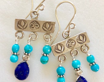 Lapis and Turquoise Chandelier Earrings, Karen Hill Tribe Fine Silver Chandeliers, Deep Blue Lapis Lazuli, Arizona Turquoise,Sterling Silver