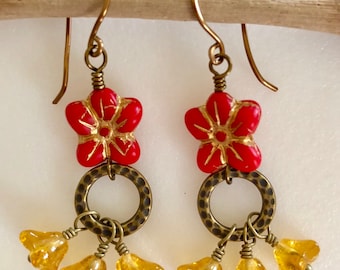 Red And Yellow Flower Earrings, Czech Glass Flowers, Rustic Picasso Glass, Yellow Bellflowers, Boho Earrings
