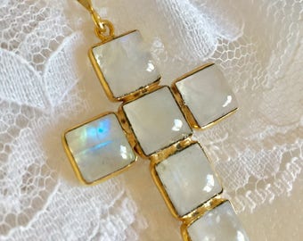 Rainbow Moonstone Cross Pendant, Gold Vermeil, June Birthstone