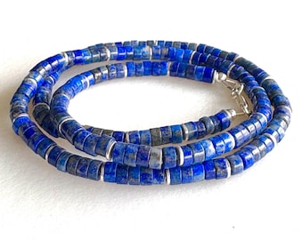 Lapis Lazuli Heishi Necklace, Sterling Silver Accents, Beaded Gemstone