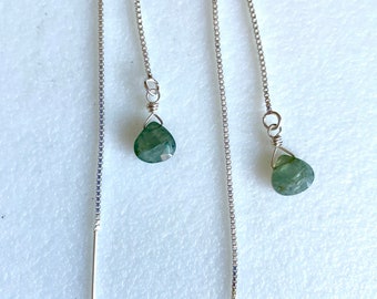 Moss Aquamarine Threader Earrings, Delicate Threaders, Blue Gray Green Aquamarine Gemstones, March Birthstone, Sterling Silver, Gold Fill