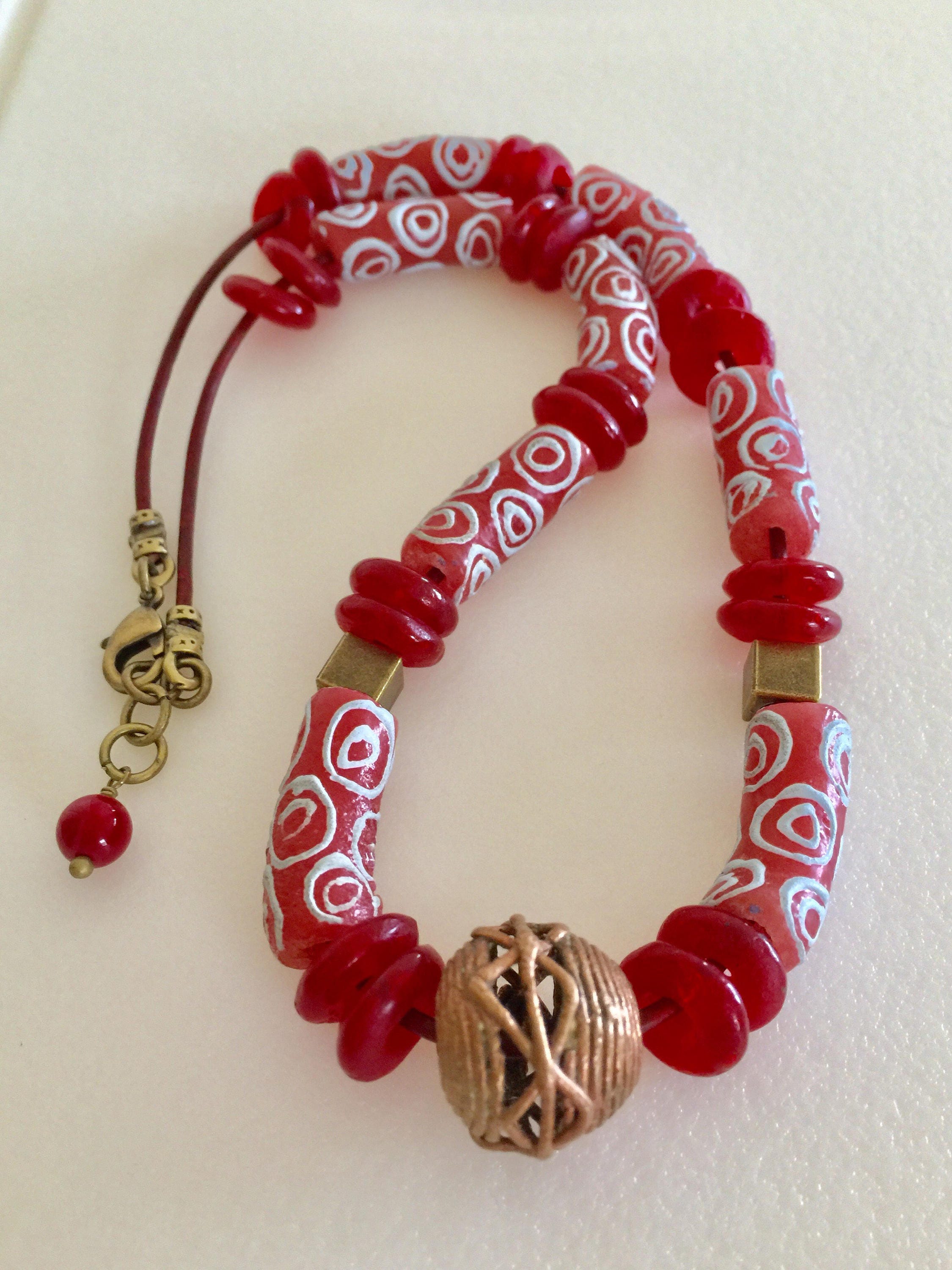 Red Krobo Bead Necklace Ghana Krobo 