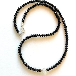 Black Spinel and Diamond Necklace, Genuine Herkimer Diamond, Micro Faceted Gemstones, Holiday Jewelry, Sterling and Fine Silver, Gold Fill.