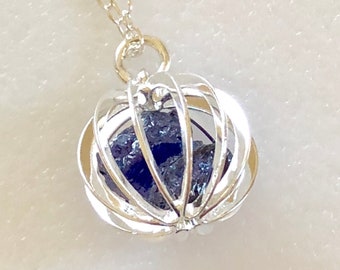Sapphire Nugget Cage Necklace, September Birthstone, Sterling Silver
