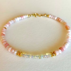 Pink Opal and Rainbow Welo Opal Bracelet, Natural Pink Opals, October Birthstone, Delicate Beaded Gemstones, Gold Fill, Sterling Silver