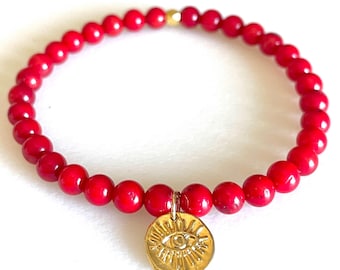 Red Coral Evil Eye Bracelet, Protection Bracelet, Natural Red Bamboo Coral, Gold Vermeil Evil Eye Charm, Stretch Bracelet.
