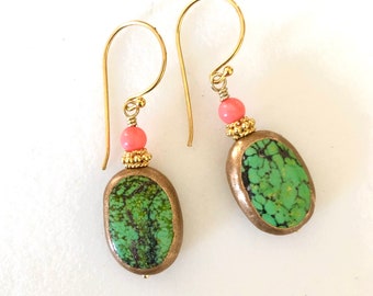 Turquoise and Coral Earrings, Green Turquoise, Copper Edged Artisan Gemstones, Genuine Turquoise, Natural Coral, Rustic, 24K Gold Vermeil