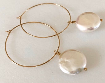 Pearl Hoop Earrings, Large Pearl Hoops, Freshwater Coin Pearls, Baroque Pearl Hoops, Statement Earrings, Gold Fill, Sterling Silver