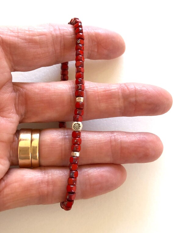 Mens Red Skinny Bracelet Premium Czech Glass Seed Beads Karen Hill Tribe Fine Silver Stretch Bracelet Boho Unisex Etsy UK
