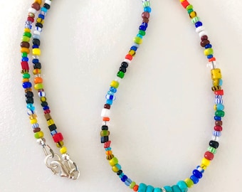 Puka Shell Turquoise Beaded Necklace, Multicolored African Seed Beads, Hawaiian Shell Necklace, Beach Girl Choker, Sterling Silver