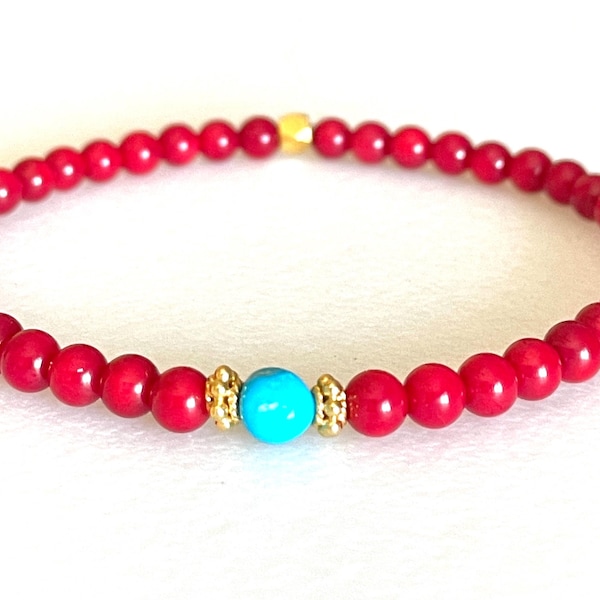 Pulsera de Coral Bambú Rojo y Turquesa de La Bella Durmiente, Minimalista, Strerch, Oro Vermeil.