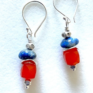 Carnelian and Lapis Lazuli Earrings, Natural Orange Carnelian and Blue Lapis, Karen Hill Tribe Fine Silver, Sterling Silver, Boho
