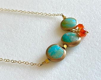 Turquoise Necklace, Gold Copper Edged Turquoise Coins, Natural Turquoise, Carnelian,24K Gold Vermeil, Gold Fill, Rustic, Boho
