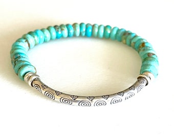 Turquoise Karen Hill Tribe Bracelet, Kingman Arizona Turquoise, Thai Fine Silver, Stretch Bracelet, Unisex, December Birthstone.