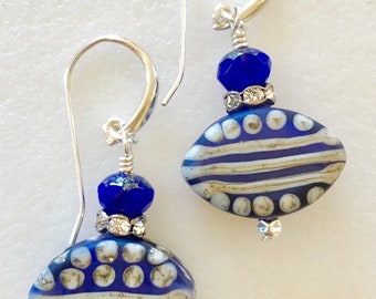 Sapphire Blue Lampwork Earrings, Artisan Lampwork, Handmade Lampwork Glass, Picasso Czech Glass, Rhinestones, Boho, Sterling Silver