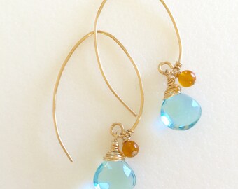 Aquamarine Earrings, March Birthstone, Aqua Blue Quartz Briolettes, Sky Blue Topaz, Heart Briolettes, Carnelian  Accents, 14K Gold Fill