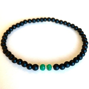 Men’s Emerald Bracelet, Genuine Emerald Gemstone, Matte Black Onyx, Thai Fine Silver, May Birthstone,Minimalist Stretch Bracelet, Unisex