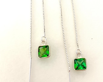 Emerald Green CZ Threader Earrings, Petite Cubic Zirconia Squares, Sterling Silver Bezel, Box Chain Threaders