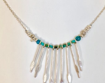 Karen Hill Tribe Fine Silver Necklace, Graduated Silver Waterfall, Kingman Turquoise, Arizona Turquoise, Beaded Necklace, Sterling Silver