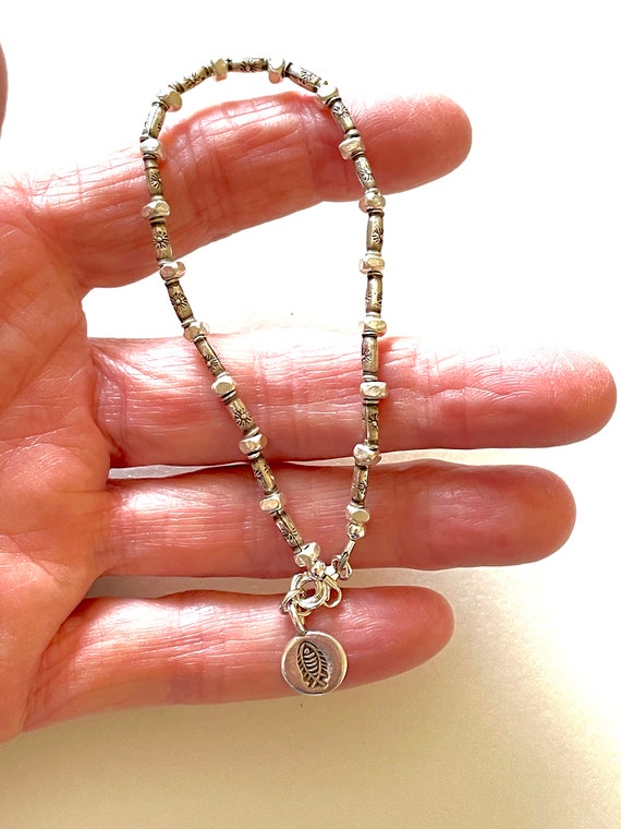 ［a-BL201] Karen Silver Bracelet 17cm Karen Hill Tribe Fine Silver Bracelet, Dainty Flower Stamped