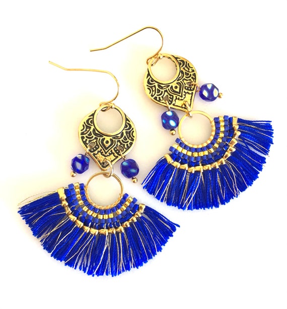 French Blue Fan Tassel Earrings French Blue Woven Tassels Moroccan Chandeliers Antique Gold Lightweight Tassels. Etsy Ireland