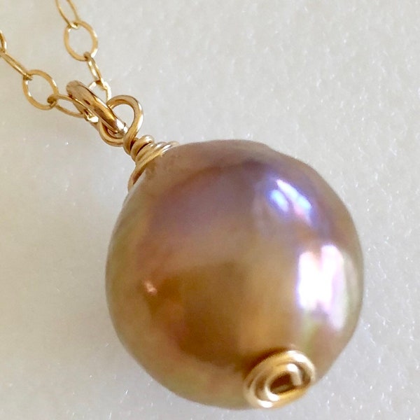 Peach Cream Lilac Kasumi Pearl Pendant, Large Freshwater Kasumi Pearl, Chinese Kasumi Pearl, Baroque, June Birthstone, Sterling, Gold Fill