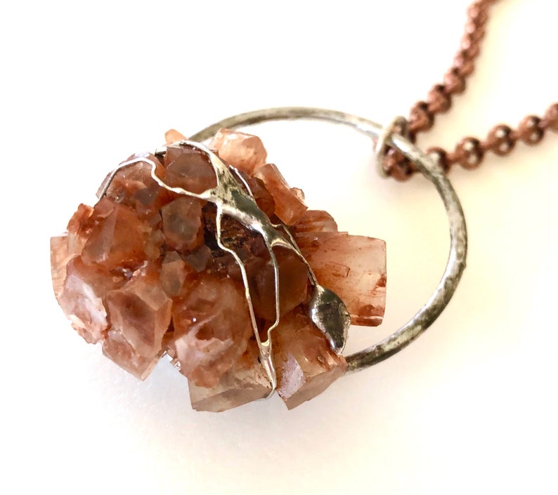 Raw Healing Crystal Artisan Pewter Aragonite Star Cluster Copper Statement Pendant Chakra Crystal Boho Aragonite Pendant
