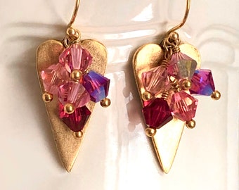 Heart Earrings, Rose Pink Swarovski Crystals, Sweetheart Earrings, Artisan Gold Heart Charms, Valentine Heart Earrings, Gold Vermeil