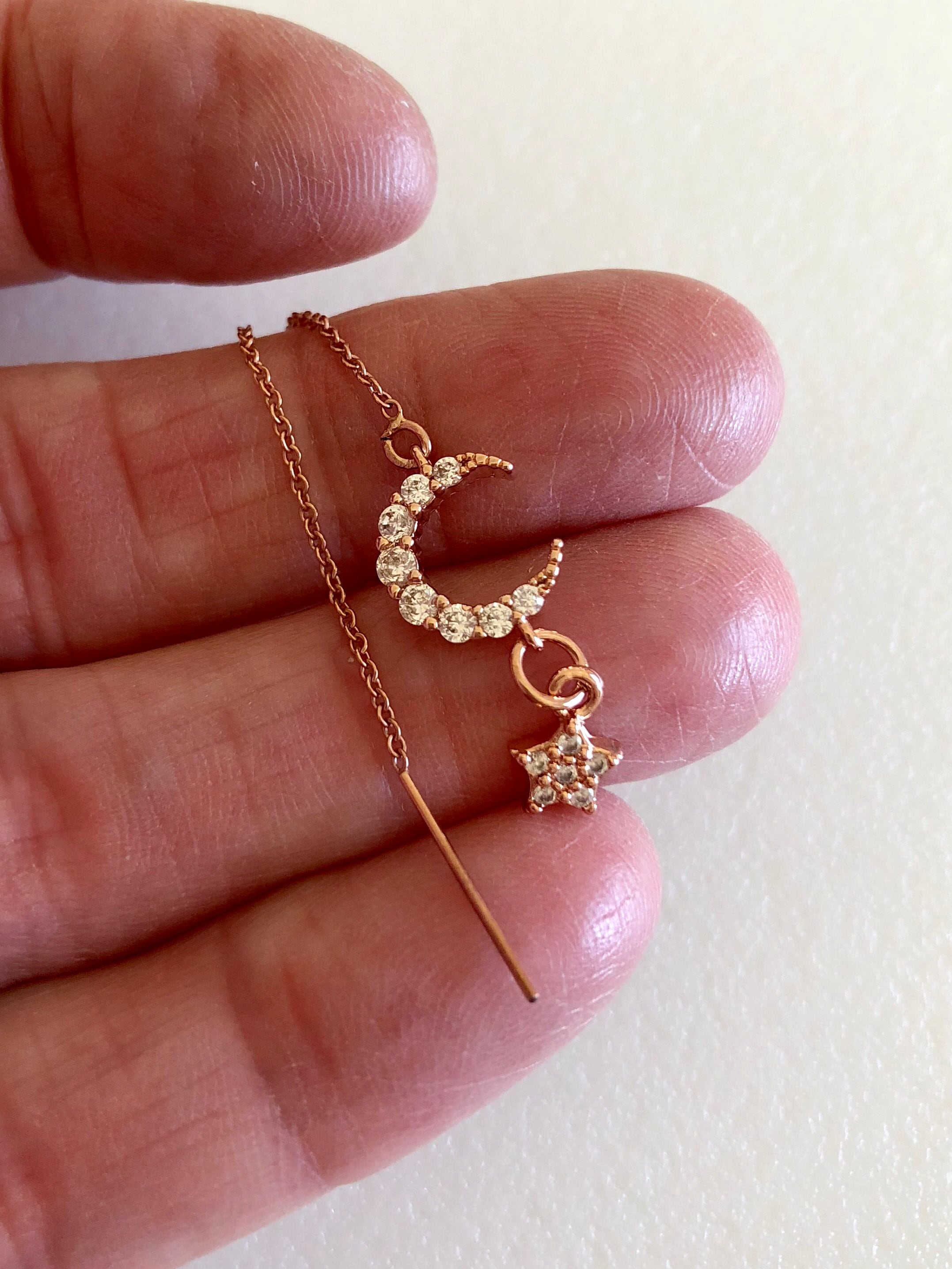 Orecchini a forma di mezzaluna in oro rosa, pendente a stella con zirconi cubici - Italia