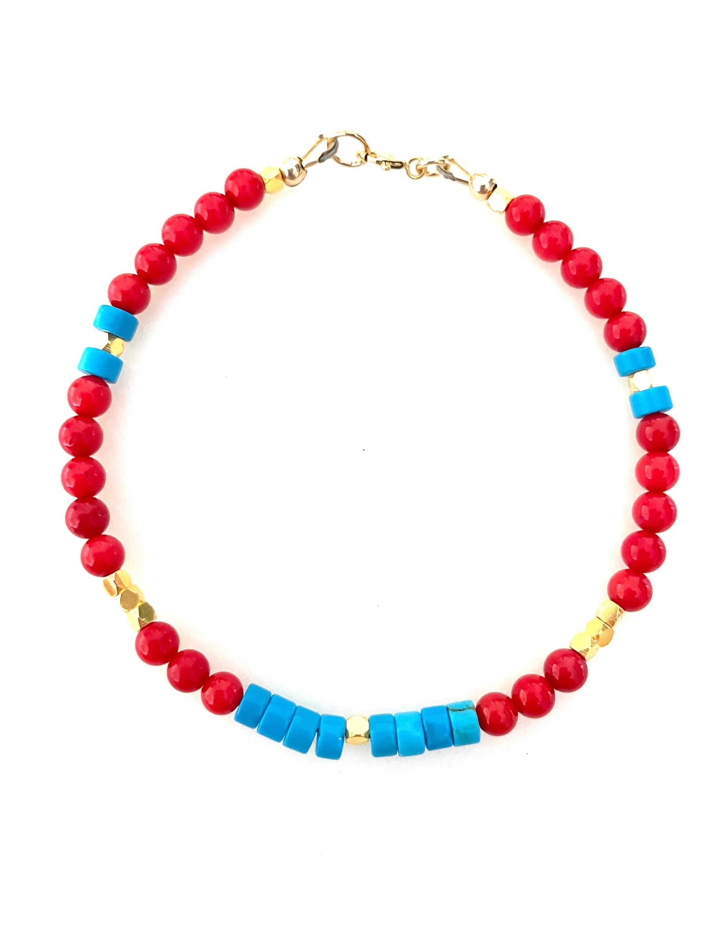 Red Coral and Turquoise Bracelet, Genuine Natural Blue
