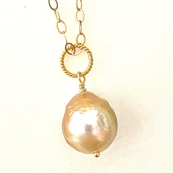 Golden Peach Kasumi Pearl Pendant, Large Freshwater Kasumi Pearl, Chinese Kasumi Pearl, Baroque, June Birthstone, Gold Fill.