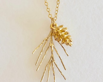 Pinecone Necklace, Gold Pinecone Charm, Delicate Pinecone Branch Necklace, Pine Bough, Woodland Necklace, 14K Gold Fill