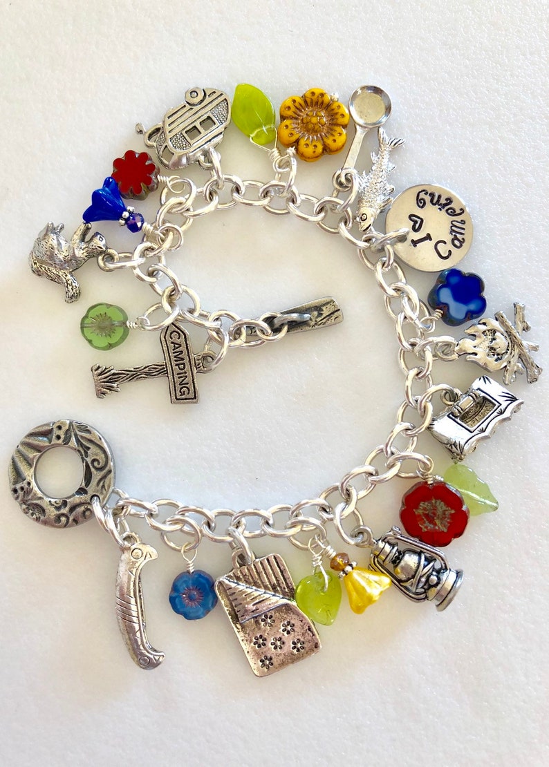 RV I Love Camping Pewter Camping Charm Bracelet Nature Wildflower Bracelet Summer Camp Canoe Outdoor Lover Tent Fishing