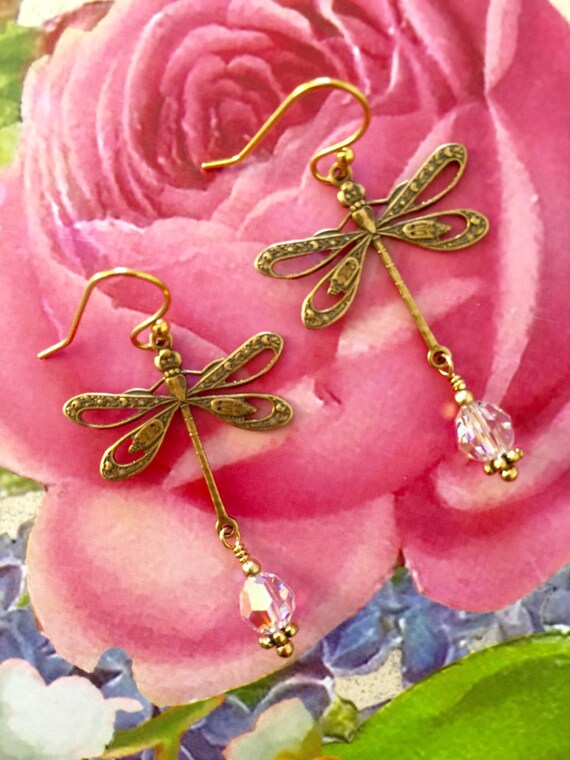 Brass Crystal Dragonfly with Drop Earrings Brass Crystal Dragonfly with Drop Earrings