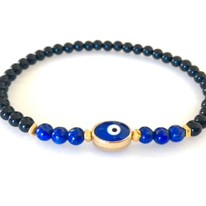 Men’s Evil Eye Bracelet, Lapis Lazuli and Black Onyx, Blue Evil Eye, Protection Bracelet, Beaded Gemstone, Skinny, Stretch, Unisex
