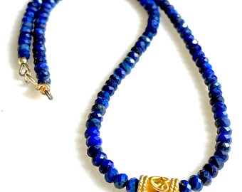 Lapis Lazuli Choker Necklace, Natural AAA Lapis Lazuli Gemstone, Blue Lapis Lazuli,  Gold Vermeil Accent, Dainty Beaded Necklace, Gold Fill.