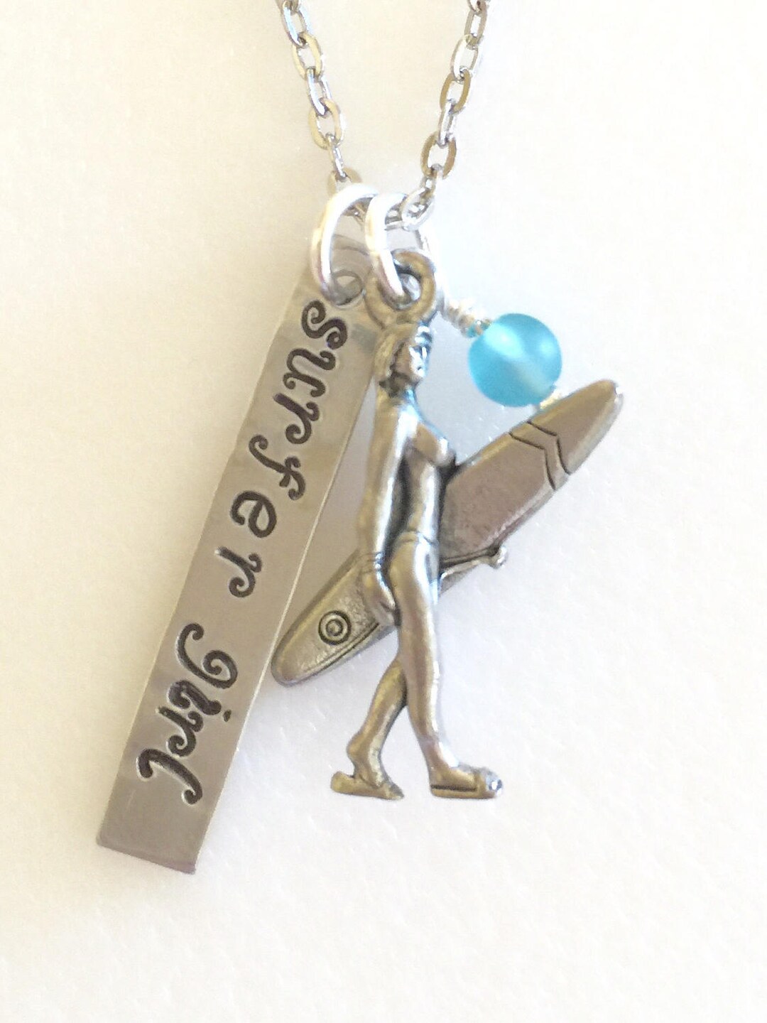 Surfer Girl Necklace, Surf Necklace, Girl With Surfboard Charm, Hand