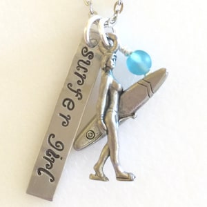 Surfer Girl Necklace, Surf Necklace, Girl With Surfboard Charm, Hand Stamped "Surfer Girl", Surfing Necklace, Surfer Girl Jewelry