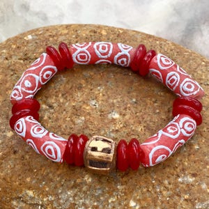 Red Krobo Bead Bracelet, African Fair Trade, Tribal, Ethnic Beads, Handcrafted Glass, Stretch Bracelet