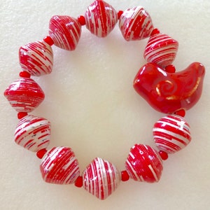 Red Bird Bracelet, Red and White African Paper Beads, Handmade Uganda Beads, Fair Trade, Eco Friendly, Artisan Red Bird, Stretch Bracelet