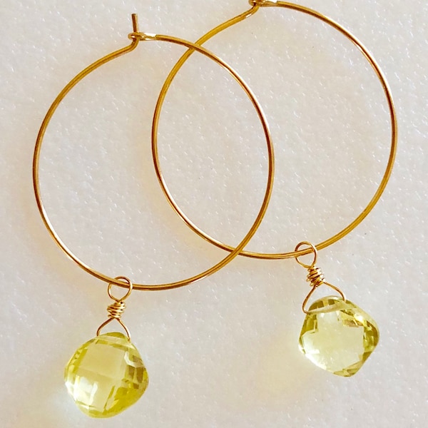 Lemon Quartz Hoop Earrings, Delicate Cushion Cut Gemstone, Yellow Quartz Briolettes, Puffed Pillows, 1" Hoops, 14K Gold Fill, Bridal