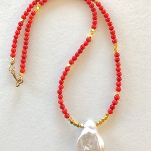 Red Coral Necklace, Baroque Pearl Necklace, Beaded Red Coral Necklace, 24K Gold Vermeil, Delicate Necklace