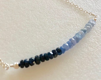 Blue Sapphire Ombre Necklace, Delicate Sapphire Bar Necklace, September Birthstone, Undyed Natural Sapphires, Sterling Silver, 14K Gold Fill