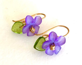 Violet Flower Earrings, Petite Amethyst Flowers, Lucite Flowers, Czech Glass Leaves, Handmade Wires, Mothers Day, Spring Flowers