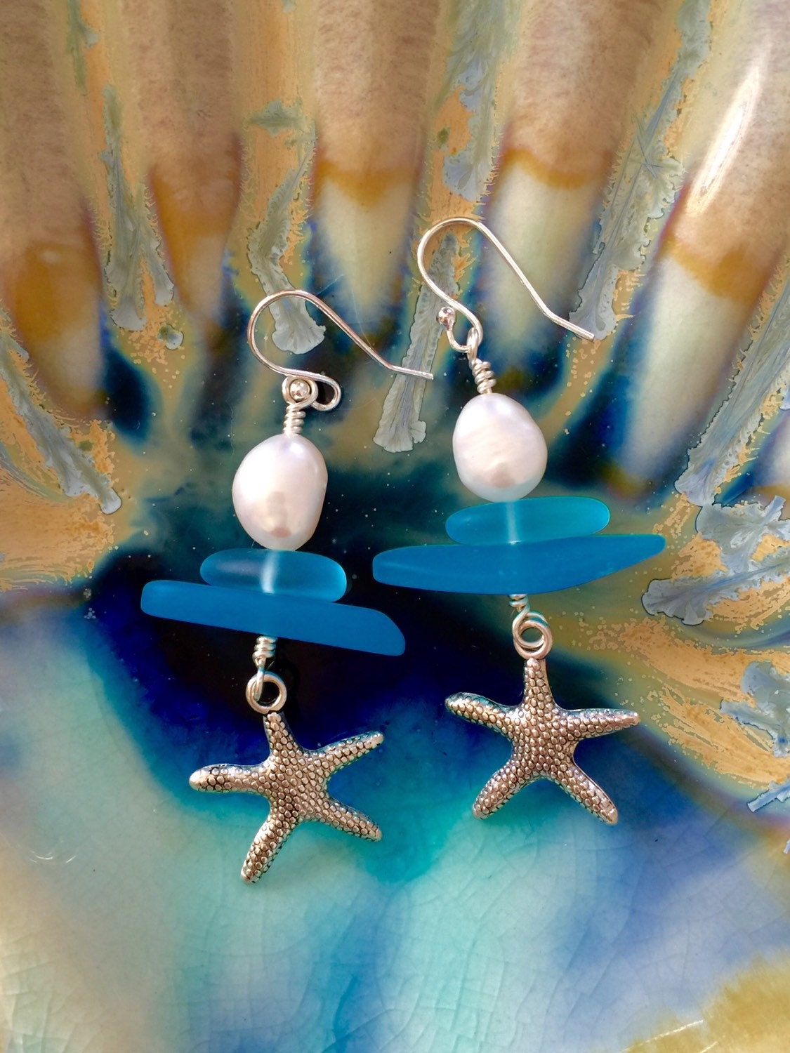Aqua Blue Seaglass Earrings Starfish Earrings Freshwater - Etsy