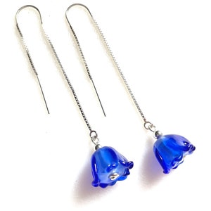 Bluebell Threader Earrings, Lampwork Cobalt Bluebells, Artisan Handmade Lampwork, Spring Flowers, Sterling Silver, Gold Fill.