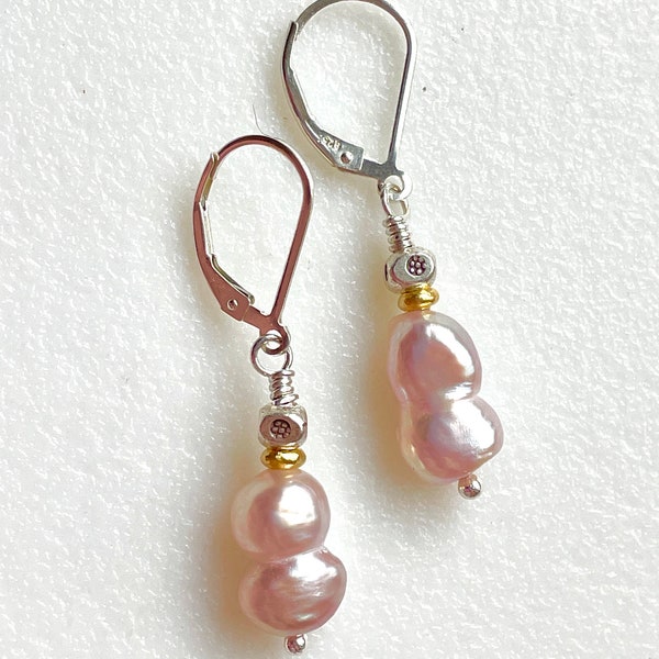 Lavender Blush Pearl Earrings, Freshwater Cultured Rice Pearls, Karen Hill Tribe Fine Silver, 24K Gold Vermeil, Valentine’s Day.